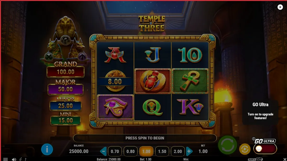 Temple of Three slot machine interface with Egyptian gods and golden coins