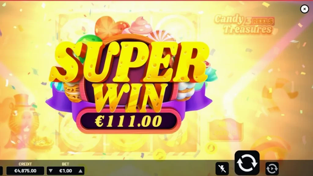 Candy Treasures 3 Reels slot machine interface showing colorful candy symbols and coins